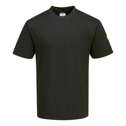 Sort T-shirt med striber i funktionsmateriale, "Portwest" logo i nakken