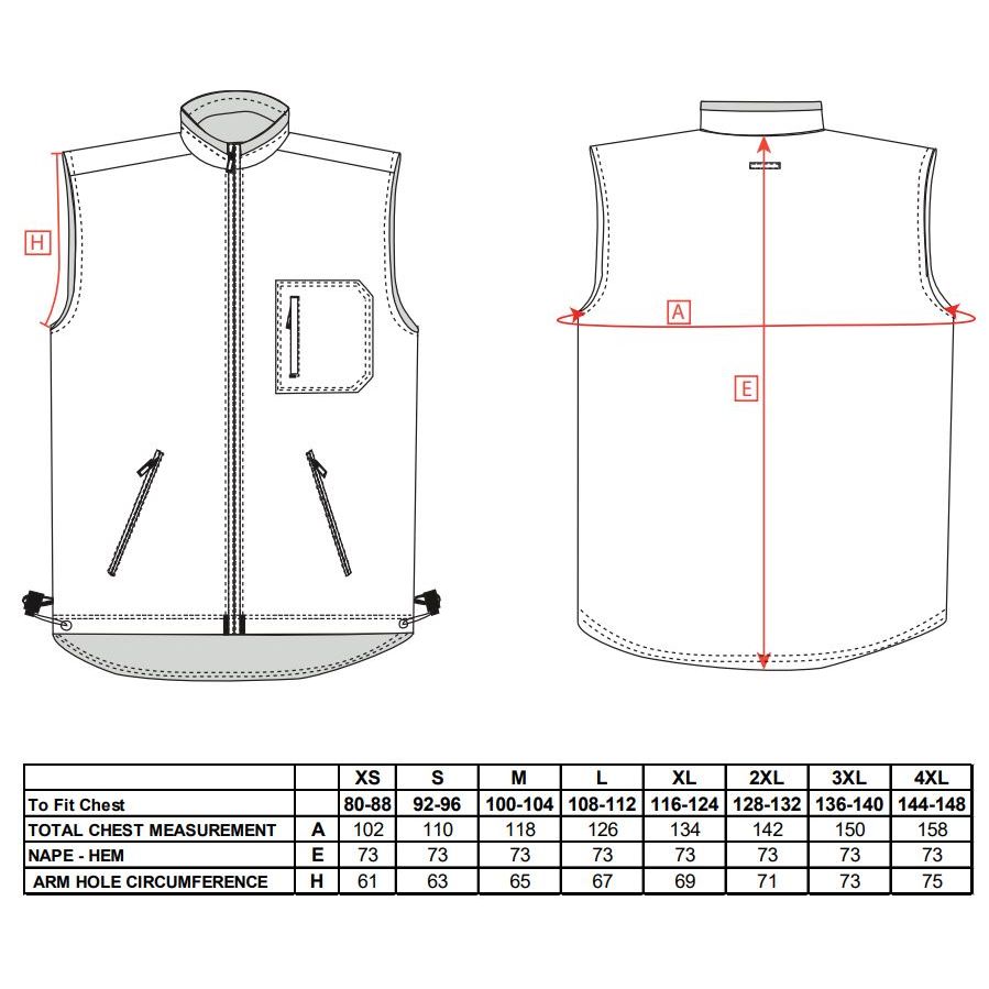 Portwest S418 vendbar bodywarmer størrelsesguide tabel og diagram
