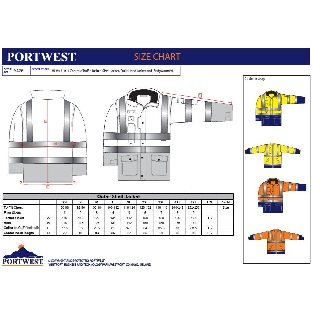 Portwest Hi-Vis S426 trafikjakke størrelsesguide, gul/marine og orange/marine farver vist