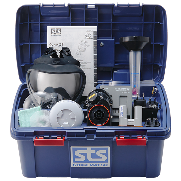 STS Shigematsu Sync 01 Starter Kit Turbo åndedrætsværn i åben blå kasse.