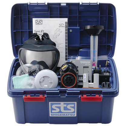 STS Shigematsu Sync 01 Starter Kit Turbo åndedrætsværn i åben blå kasse.