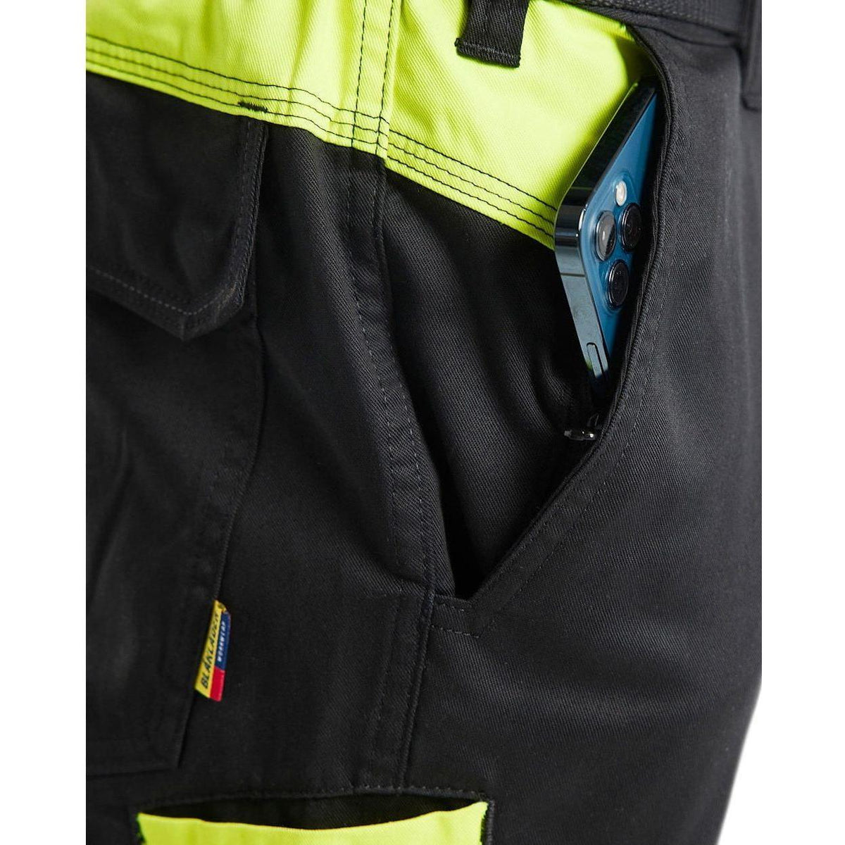 BLÅKLÄDER 1448 Industri Buks med knælommer stretch - Sort/High Vis Gul Herre - Sikkerhedsgiganten