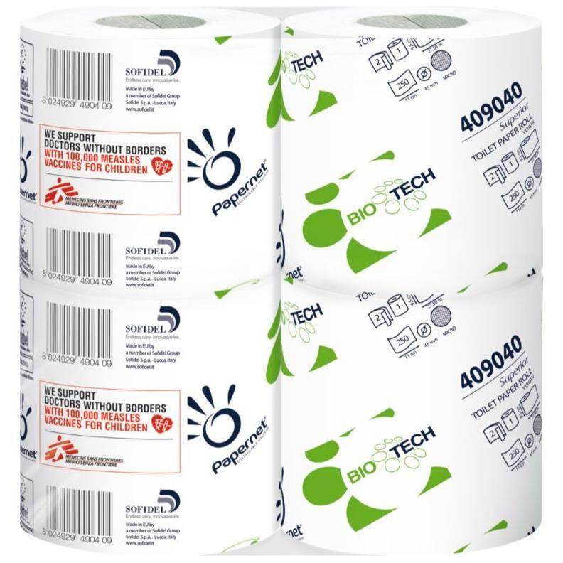 Toiletpapir, Biotech, 2 - lags, 28m x 9,5cm, Ø12,4cm, hvid, 100% nyfiber - 96 ruller - Sikkerhedsgiganten
