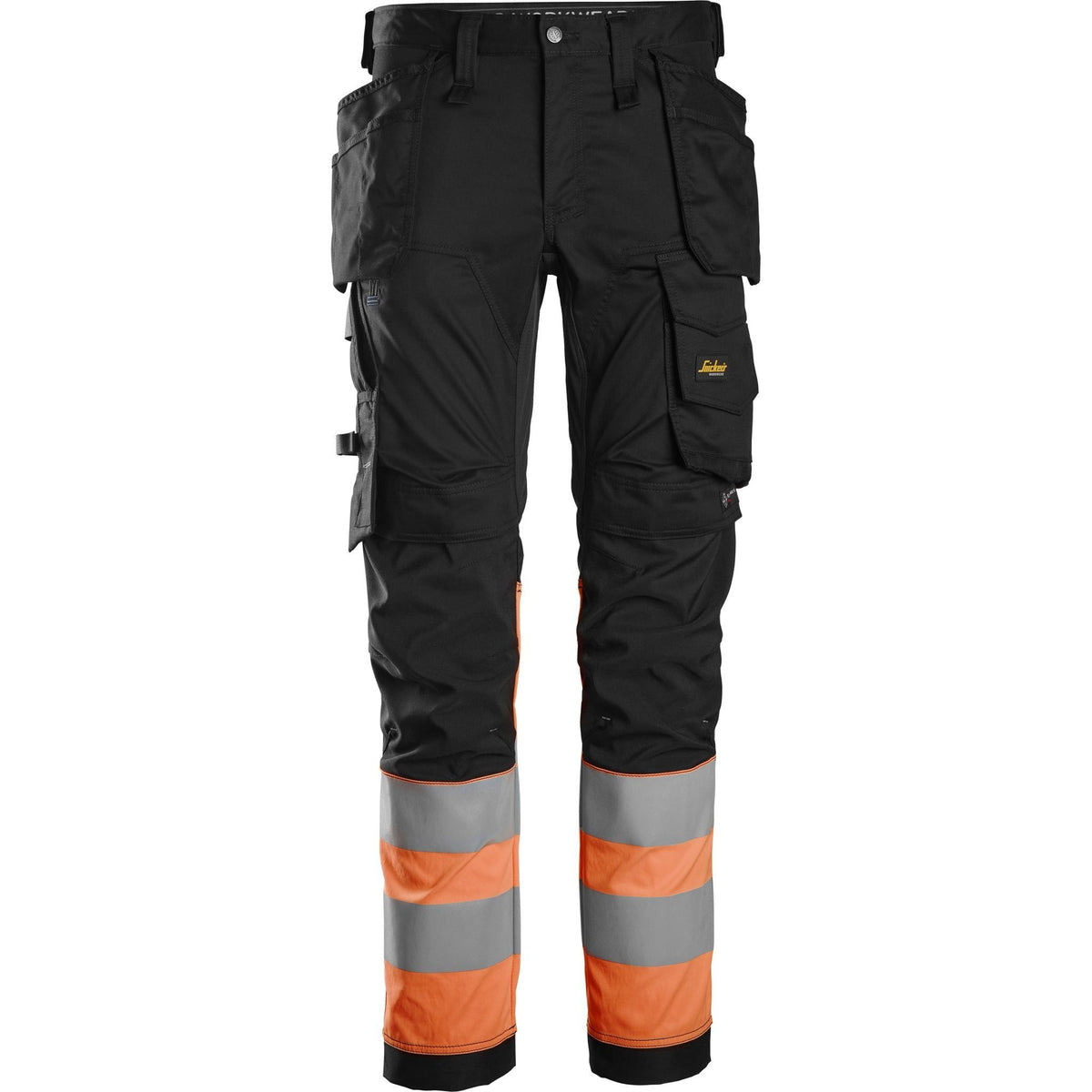Snickers arbejdsbukser med stræk, hylsterlommer, og hi-vis klasse 1 orange.