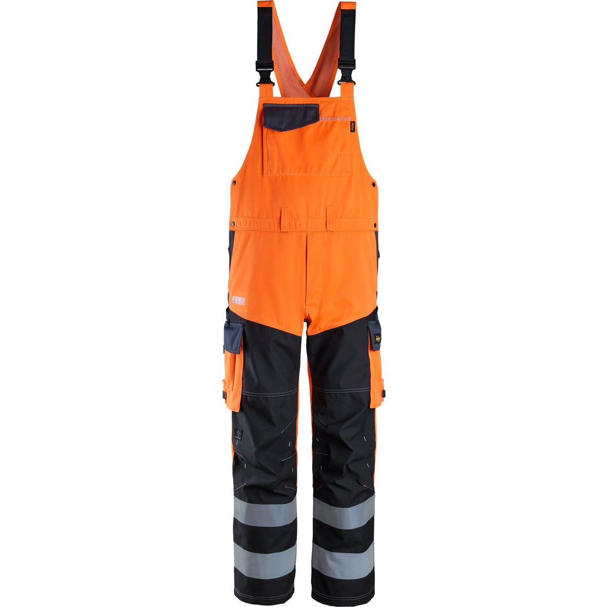 Snickers hi-vis overalls i orange og sort, klasse 2 med Kevlar.